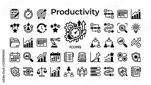 Productivity Icons Set: A comprehensive collection of graphic icons representing various aspects of productivity, including goals, time management, strategy, and efficiency.