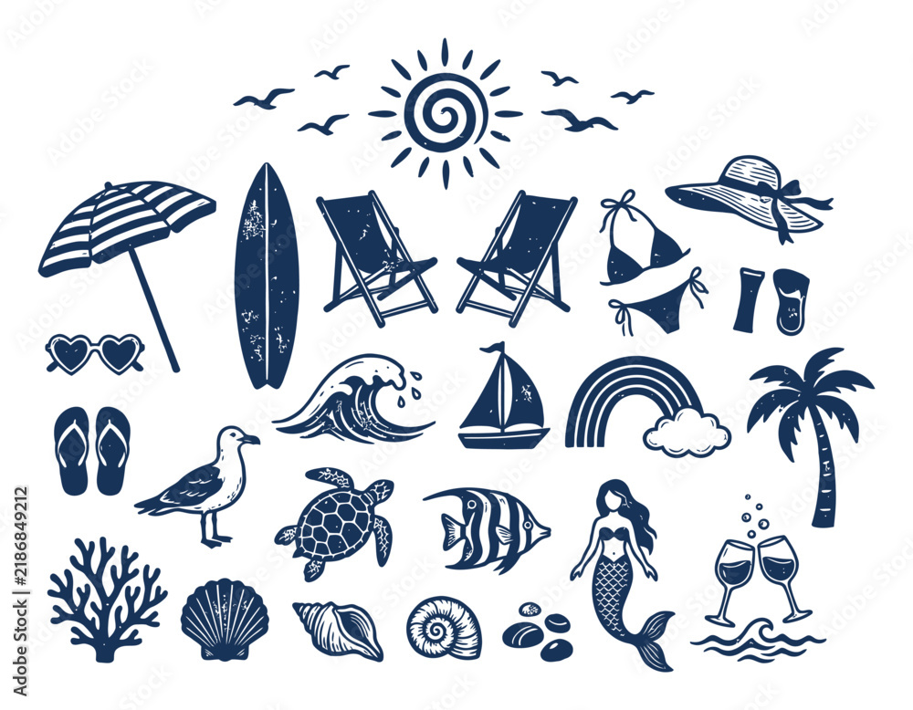 Obraz premium Vintage nautical summer icons set, hand drawn beach vacation vector elements, navy blue sea life and tropical holiday illustrations