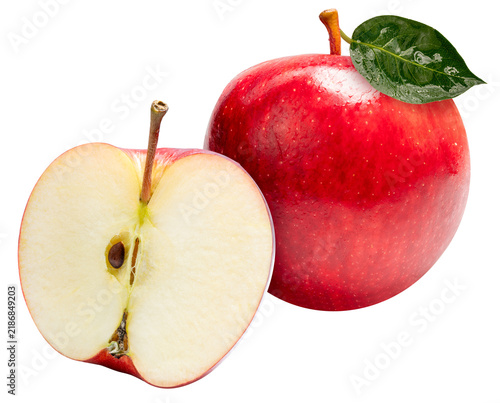 Fotografie Fresh red apple whole and half slice with water drops isolated on white background