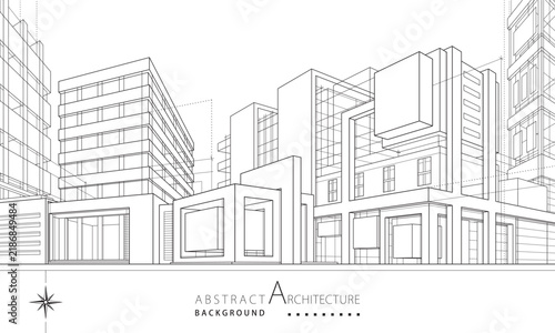 3D illustration Urban architectural outline of imaginative building design and construction.
