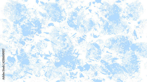 Smudged light blue and white grunge texture background with fingerprint whorls. Dusty ink speckle detail. Works for posters, covers, packaging and apparel prints.