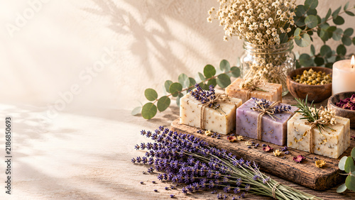 Natural Handmade Soap with Lavender and Botanical Herbs on Rustic Wooden Tray