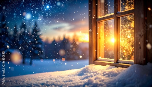 Magical winter holiday scene viewed through a rustic wooden window with falling snow and warm glowing light overlooking a serene snowy pine forest at sunset.