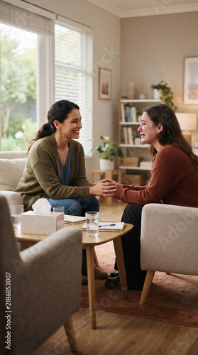 Two women talking and holding hands in a comfortable therapy session.