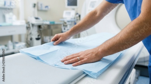 Medical professional preparing examination table with clean blue sheet in modern clinic