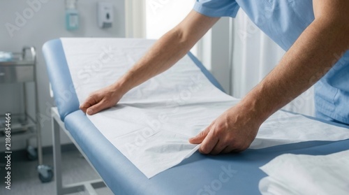 Medical professional preparing examination table with clean paper covering for patient examination, close-up hands