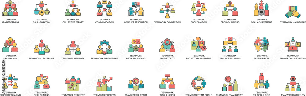 Naklejka premium Teamwork line icon set with colorful flat design elements for business