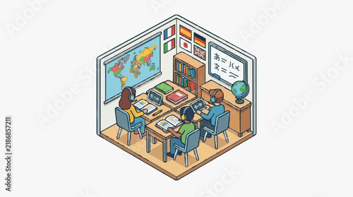 Elegant Isometric of Multilingual Online Classroom with Students Using Digital Devices and Global Flags