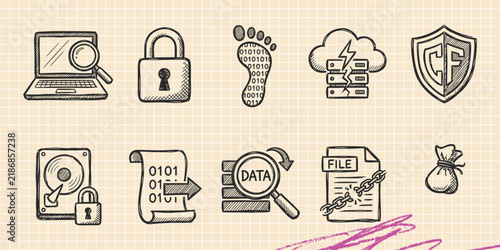 Hand drawn vintage black ink scribble doodle vector set of web design and internet security icons for creative graphic design