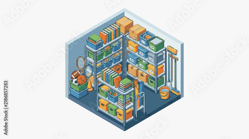 Elegant Isometric of Organized Storage Shelves with Books Sports Equipment and Cleaning Tools in Vibrant Colors
