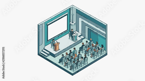 Elegant Isometric of Professional Conference Room with Speaker and Attendees in Modern Minimalist Design