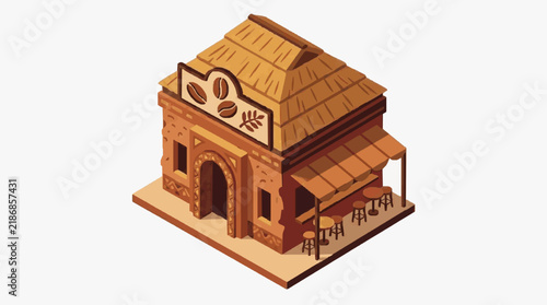 Elegant Isometric of Rustic Coffee Shop with Thatched Roof Coffee Bean Decor and Outdoor Seating
