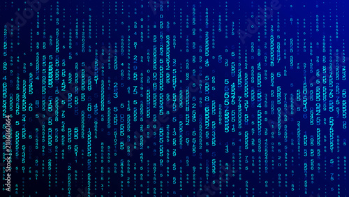 Cuadro en lienzo Digital data stream of blue neon numbers falling on a dark blue gradient backgro