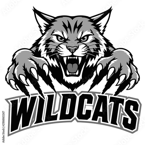 Aggressive Wildcat Mascot Head with Claws and Sports Lettering