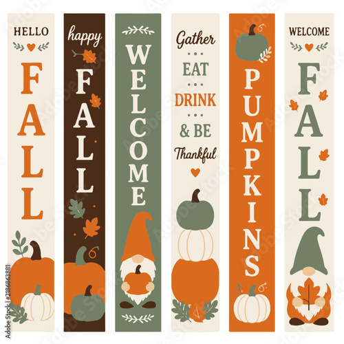 Fall Season Vertical Decorative Door Sign Collection with Pumpkins and Gnomes