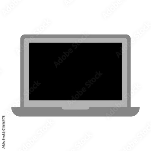 Laptop computer with black screen on gray background