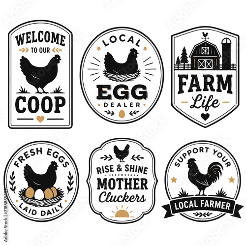 Set of Vintage Style Chicken and Egg Farm Labels and Emblem Designs