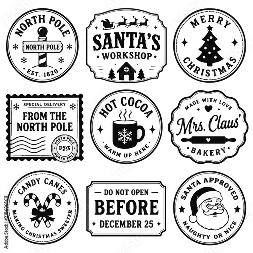 Set of Vintage Style Christmas Holiday Badges and Rubber Stamps