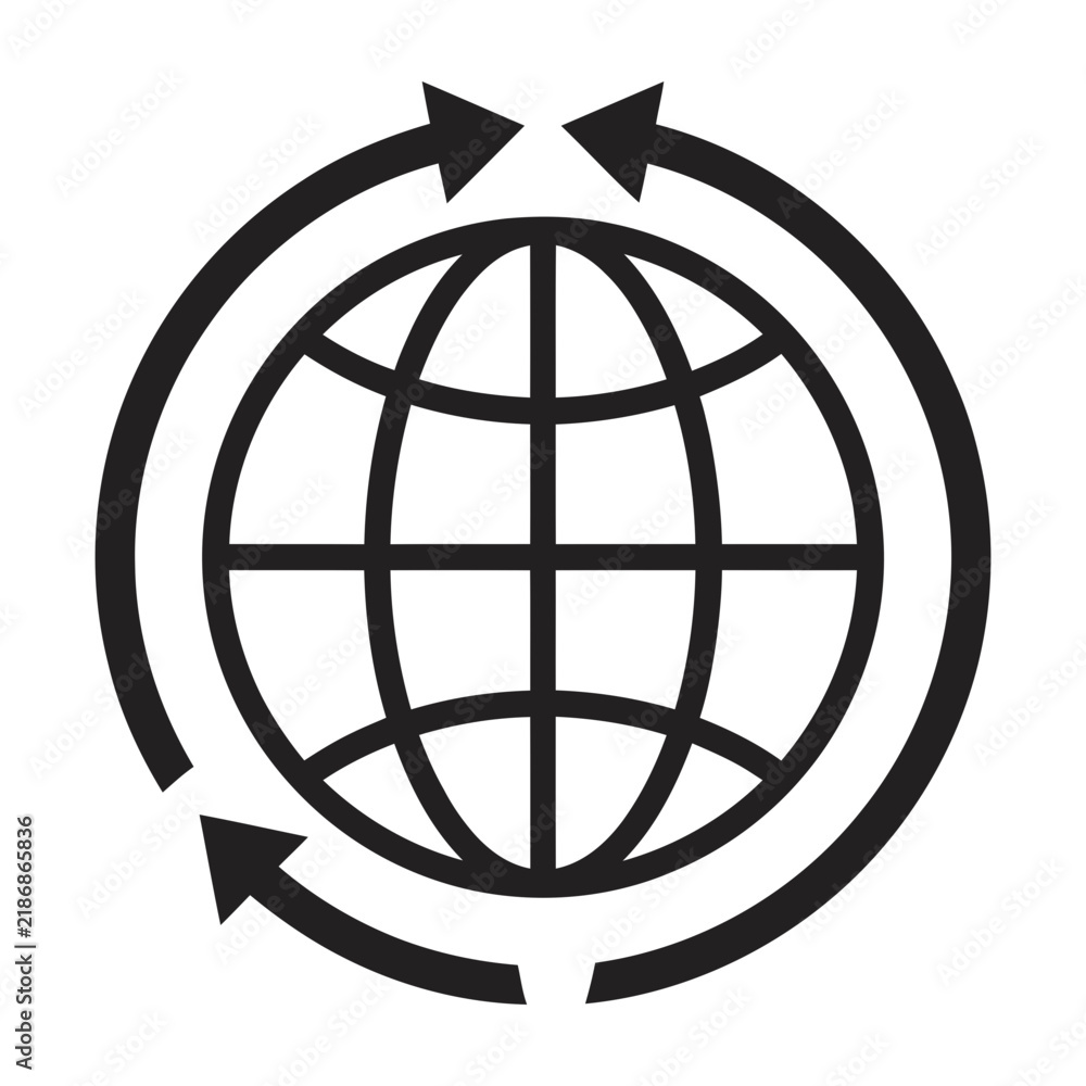 Obraz premium Black and white globe with circular arrows symbolizing global connection and recycling