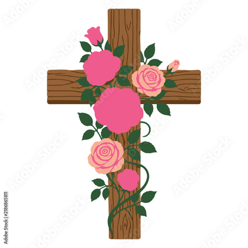Wooden Christian Cross Decorated with Pink Rose Flowers and Green Leaves