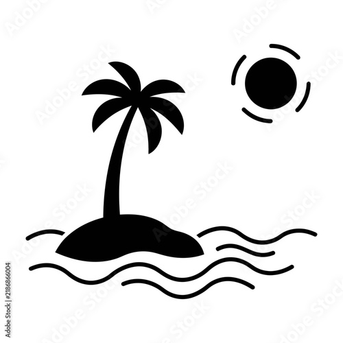 Tropical Island Palm Tree Sun Ocean Waves Icon Set