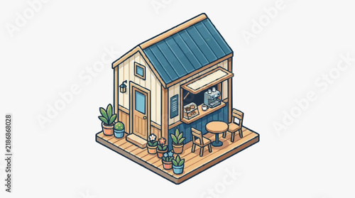Industrial Charm Tiny Coffee Shop with Rustic Aesthetic Isometric of Cozy Caf with Blue Roof Wooden Furniture and Potted Plants