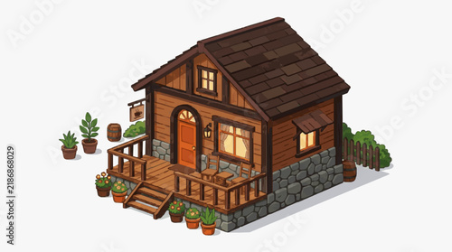 Industrial Charming Rustic Wooden Cabin with Cozy Porch Potted Plants and Warm Lighting for Cozy Retreat