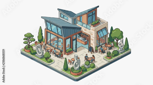 Industrial Chic Caf with Modern Glass Facade and Outdoor Dining Area Featuring Abstract Sculptures and Greenery