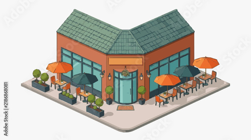 Industrial Chic Caf with Orange Roof and Outdoor Seating Area Featuring Tables Chairs and Colorful Umbrellas