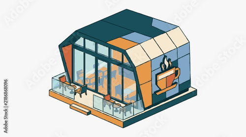 Industrial Chic Coffee Shop with Modern Isometric Design Featuring Glass Windows Wooden Tables and Coffee Mug Icon