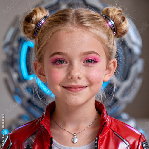 Close-up portrait of a cute blonde girl with space buns and pink makeup, wearing a red jacket in a sci-fi setting.