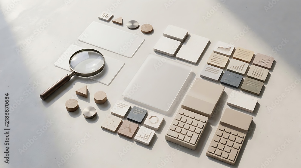 Naklejka premium Minimalist desktop flatlay composition designed to analise dados using magnifying glass and abstract geometric blocks