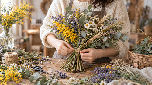 Woman Creating a Rustic Dried Flower Bouquet in a Cozy Artisan Studio