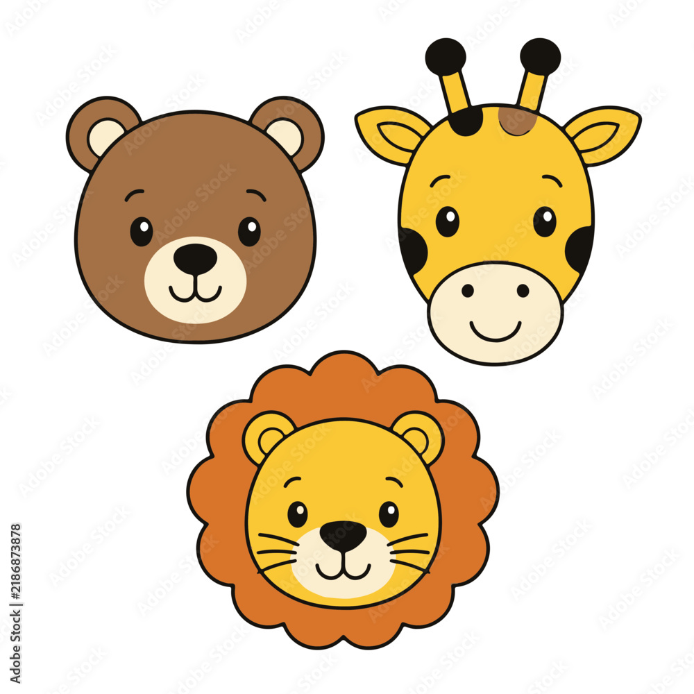 Fototapeta premium Cute Safari Animal Head Illustrations Including Bear Giraffe and Lion Faces