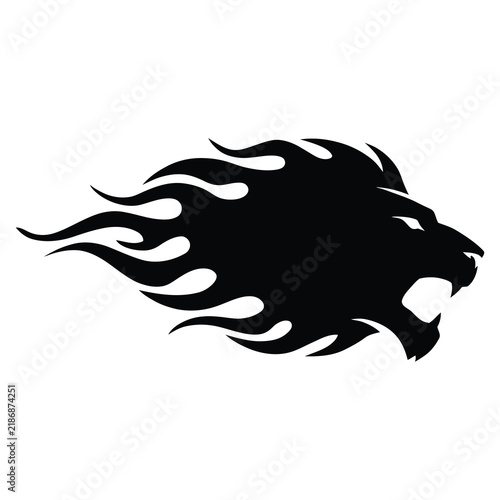 Canvas Print Aggressive lion head profile with fire mane vector, black roaring lion mascot logo for sports and gaming teams, flaming wild cat silhouette, powerful predator head icon for automotive decals