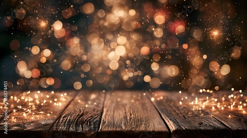 Gold illuminations and a wooden table, perfect for a Christmas background.