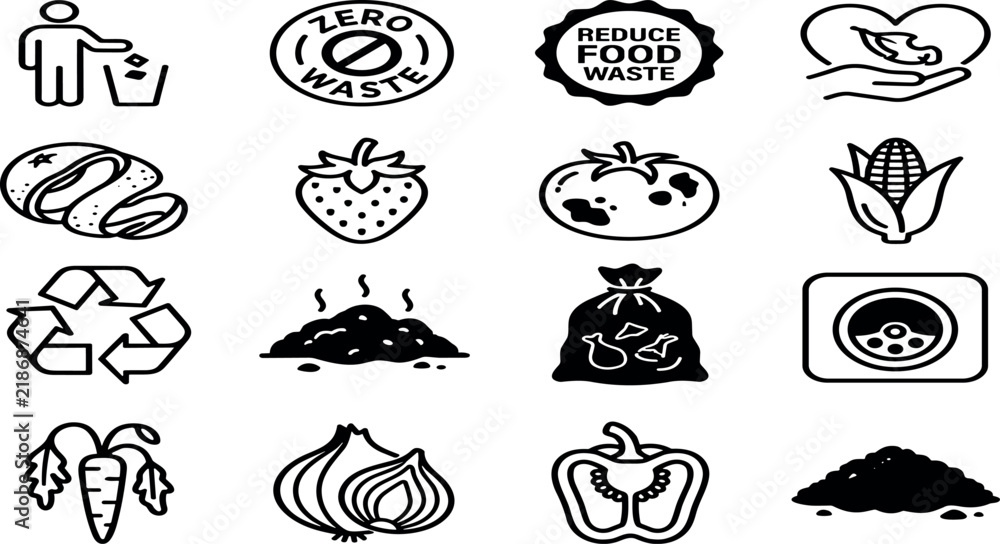 Fototapeta premium Zero Waste Food Composting Organic Scraps and Recycling Line Art Vector Icon Set
