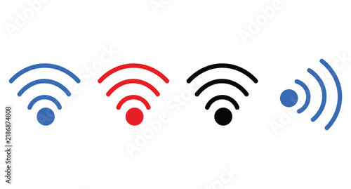 Blue, red, and black wi-fi signal on white background