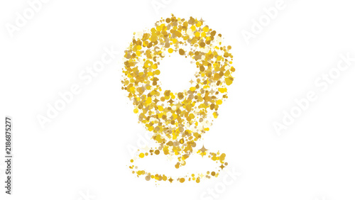Golden map pin shape made of glittering circles and star sparks