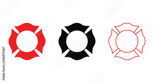 Three maltese cross fire department emblems in red and black