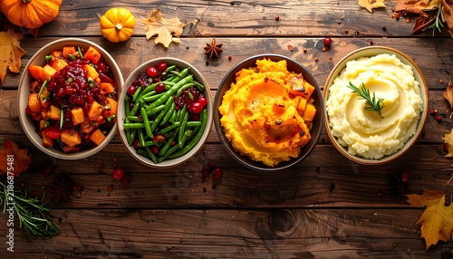 Mesa rústica con guarniciones de verduras, puré y platos otoñales presentados en cuencos vistos desde arriba