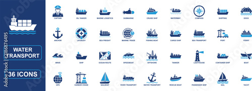 Water Transport Solid Icon Set Featuring Maritime Shipping, Cargo Vessel, Boat, Ferry, Cruise, Navigation, Port Logistics, Sea Freight, Harbor, Lighthouse and Editable Vector Icons