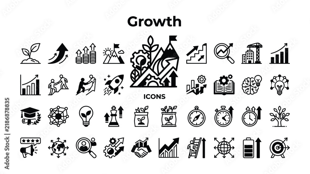Fototapeta premium Growth Icons Set: A comprehensive collection of black and white vector icons illustrating various aspects of business growth, development, and success.