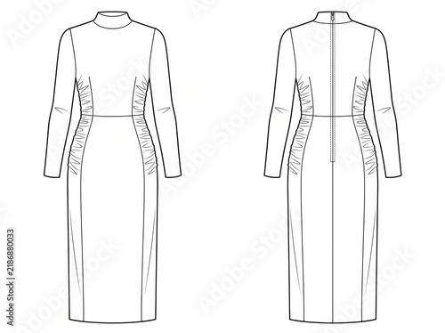 a black and white vector technical flat sketch of a women's ruched long-sleeved midi dress