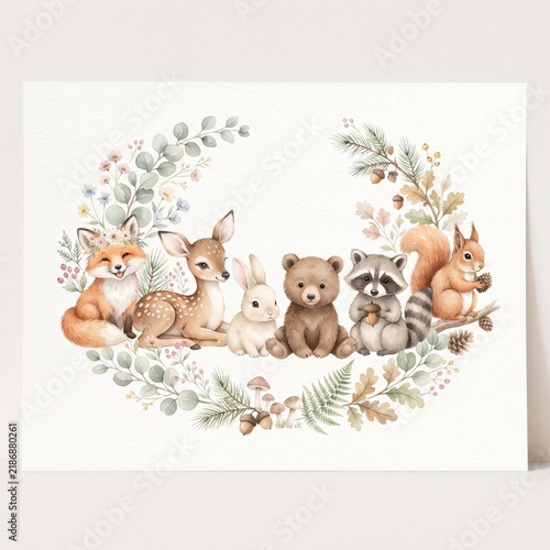 Cute watercolor woodland baby animals frame illustration for kids