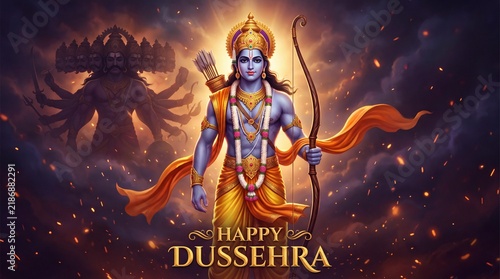 Happy Dussehra festival illustration of Lord Rama with bow and arrow, victory over Ravana, Hindu celebration of good over evil
