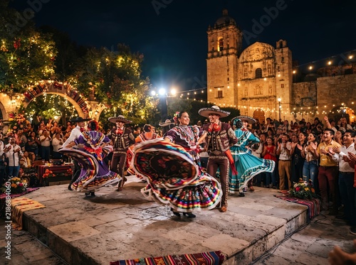 Traditional Mexican Folkloric Dancers Perform at Night Festival in Oaxaca.