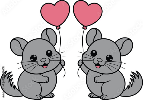 Chinchilla vector cartoon holding pink heart shaped balloons
