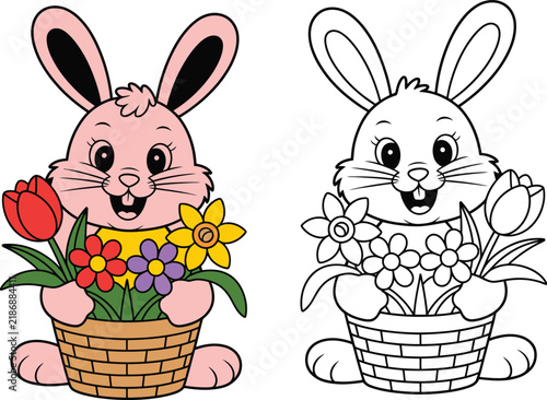 Rabbit vector illustration holding colorful spring flower basket