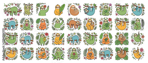 Cute Cartoon Sloth Illustrations Collection Isolated